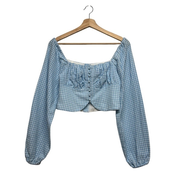 NWT REVOLVE SUPERDOWN Remi Puff Sleeve Top Light Blue Gingham S - Picture 3 of 9
